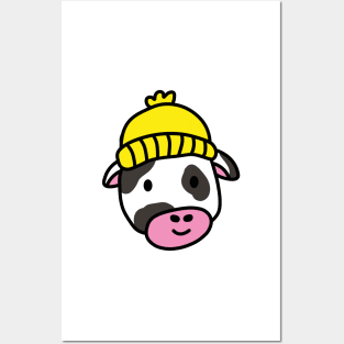 Cute cartoon dairy cow wearing a wooly hat Posters and Art